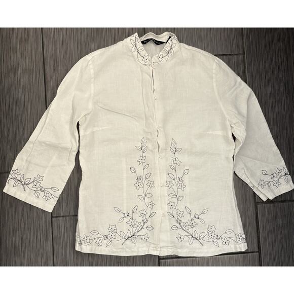 Mercer & Madison White Linen Black Floral Embroidered Button Down Shirt Size 10 - Picture 1 of 4